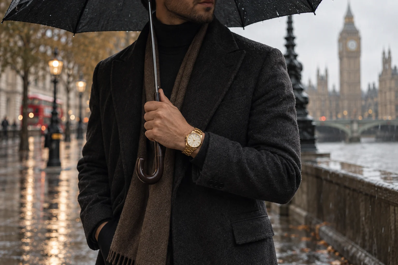 Hombre con paraguas y reloj dorado bajo la lluvia en Londres