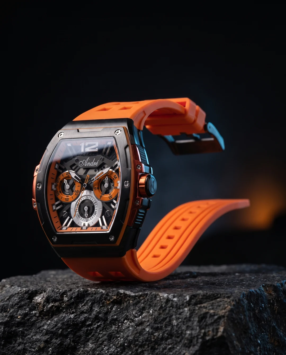 Reloj André deportivo 31028H con caja tonneau y correa de silicona naranja